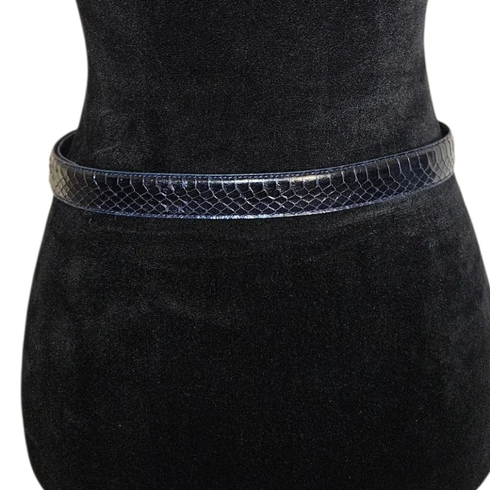 Vintage Women's Leather Shop Navy Blue Snakeskin Embellished Buckle Belt Size L